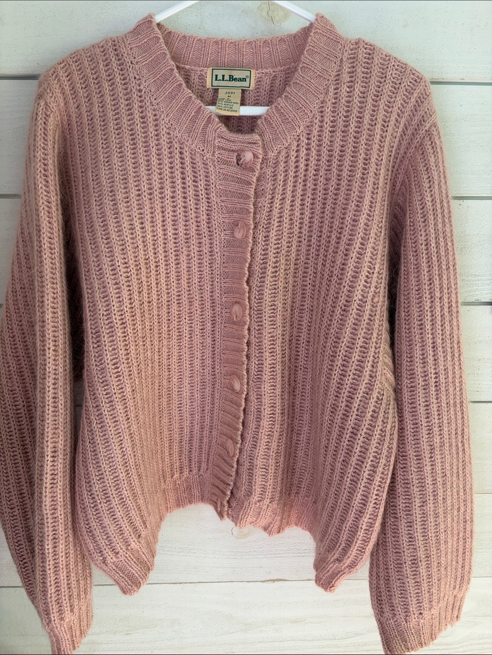 Vintage LL Bean Mohair Cardigan Womens Medium Rose Pink Chunky Wool Blend j091